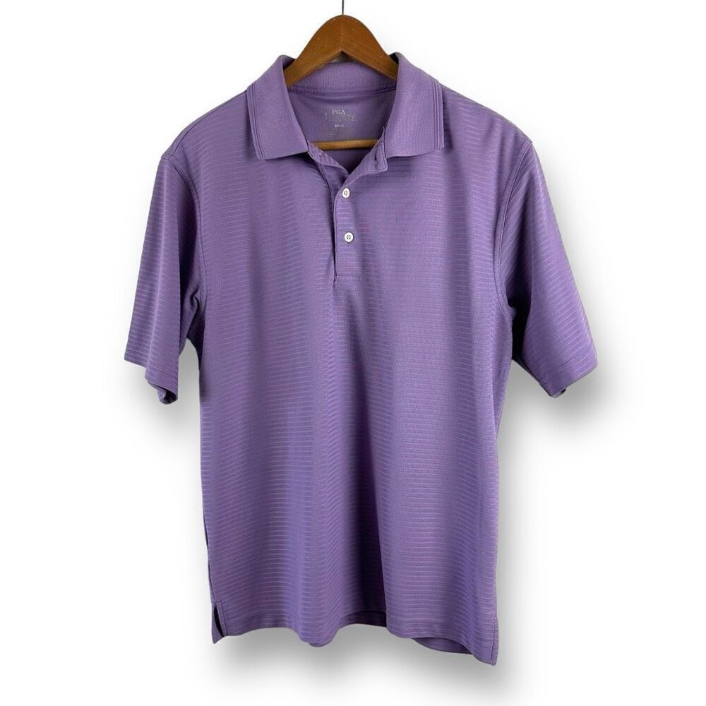PGA Tour Men's M Lavendar Purple Textured Striped Polo Golf Shirt Resortwear